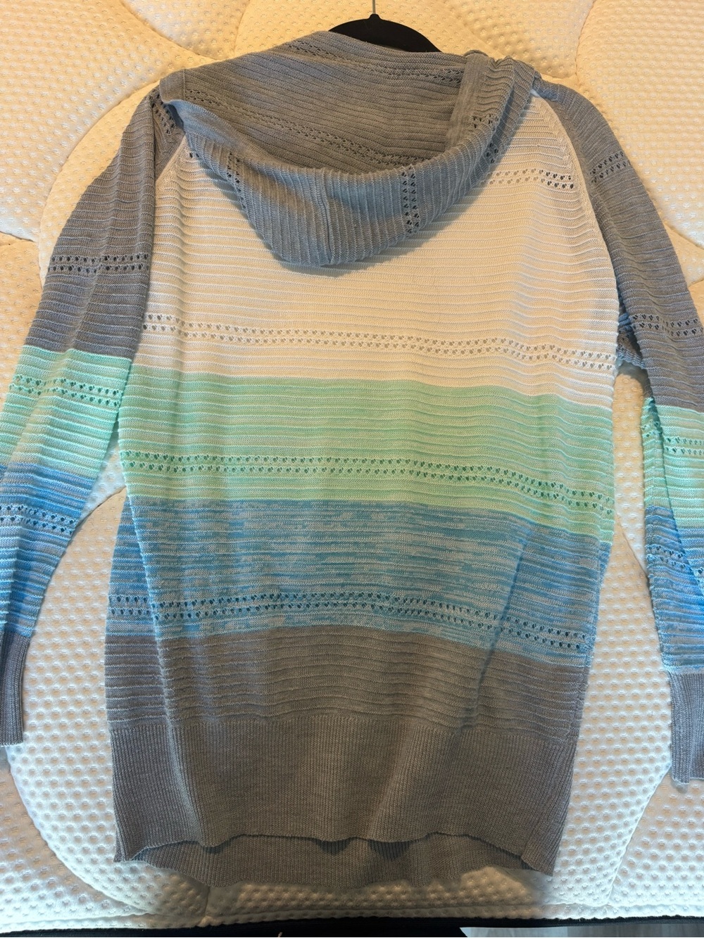 Striped Hooded Knit Sweater - Gray, White & Aqua - Picture 6 of 6